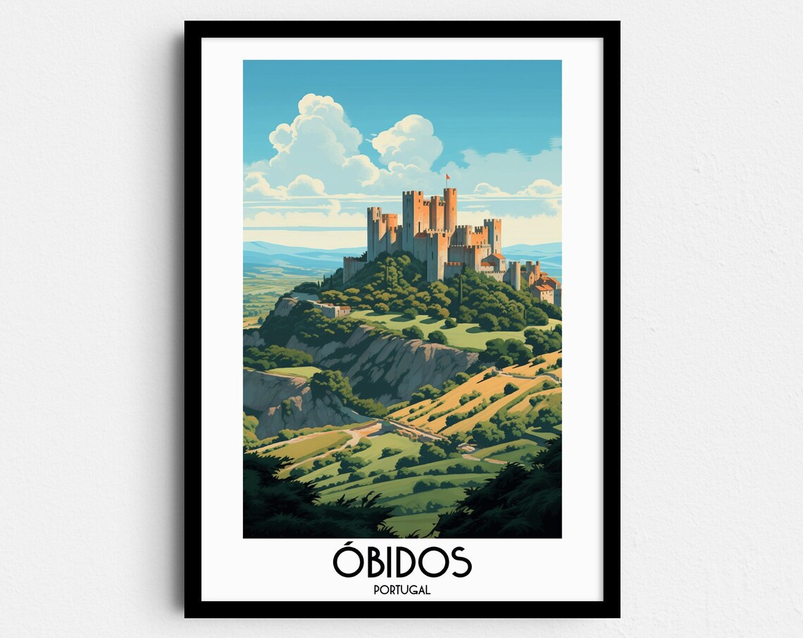 Obidos Portugal Medieval Castle on the Green Hilltop Travel Poster