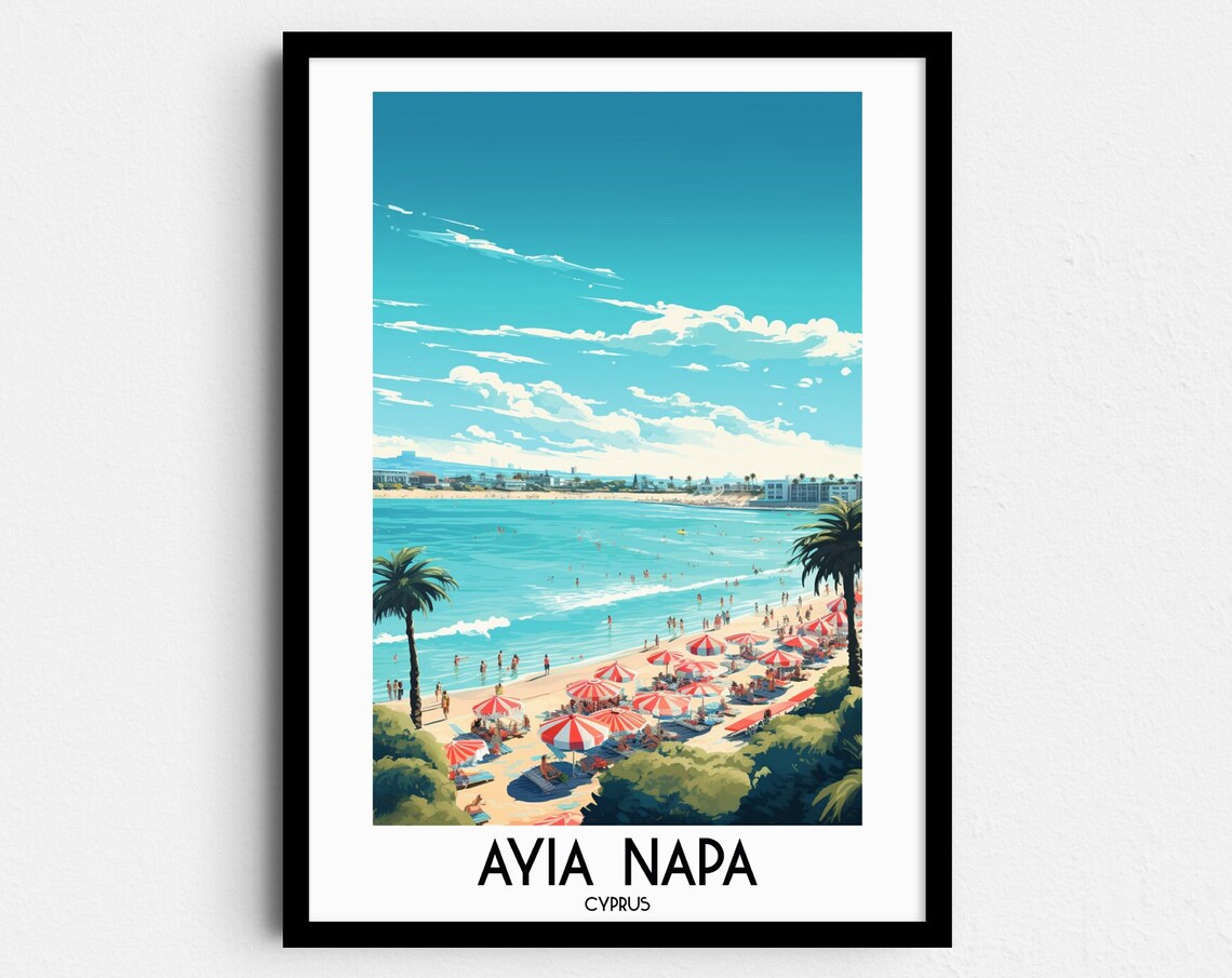 Ayia Napa Cyprus Turquoise Beach Red Umbrellas Travel Poster