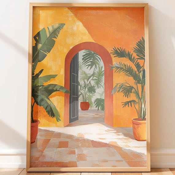 Mediterraneanstyle Doorway Art Cozy Travel Illustration Sunlit Arch With Plants Rustic Farmhouse Decor