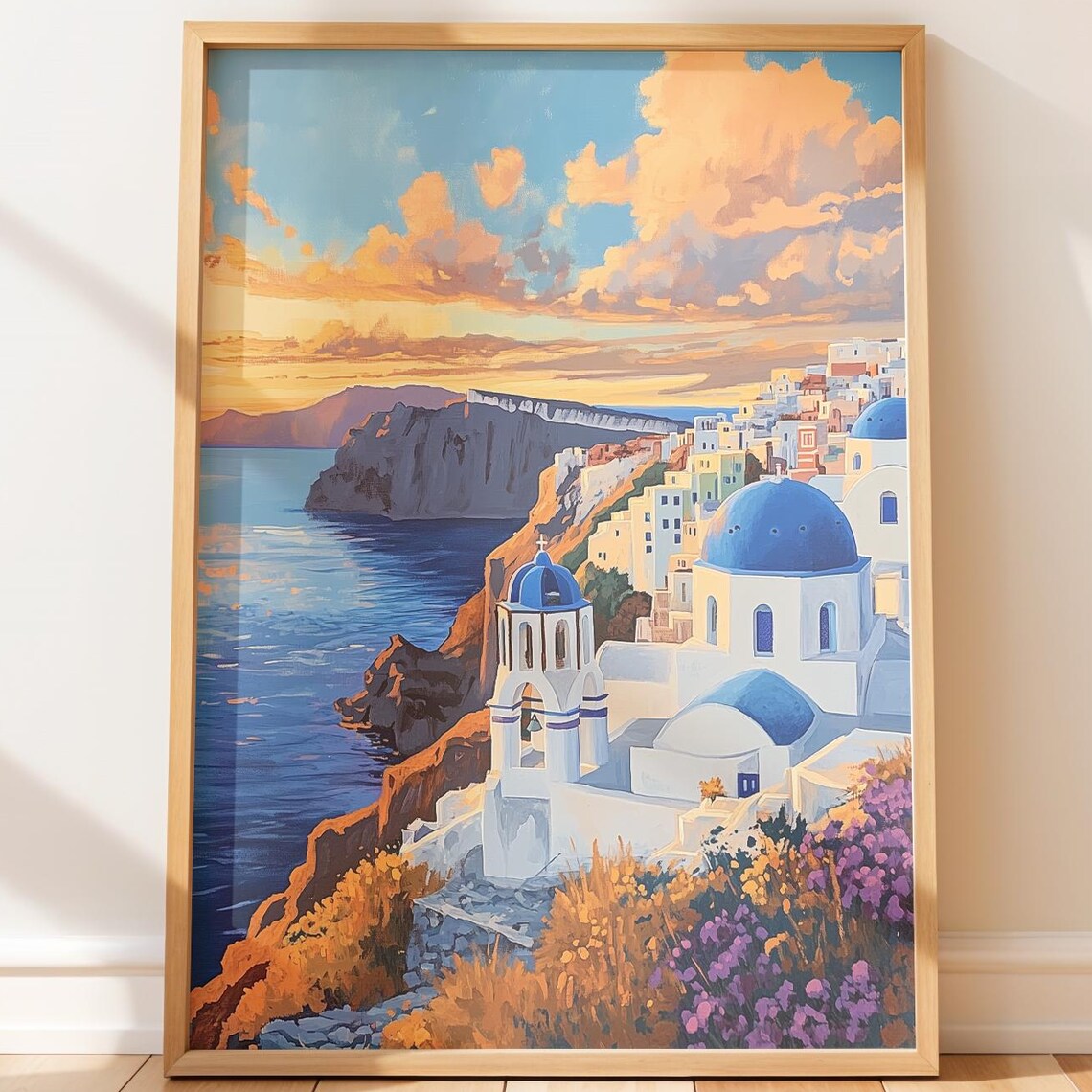 Santorini Greece Blue Dome Churches Caldera Sunset Art Poster