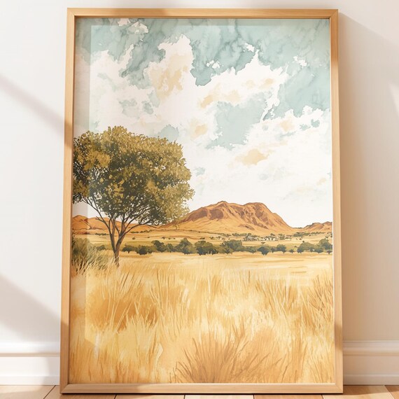 African Savanna Acacia Tree Golden Grassland Watercolor Poster