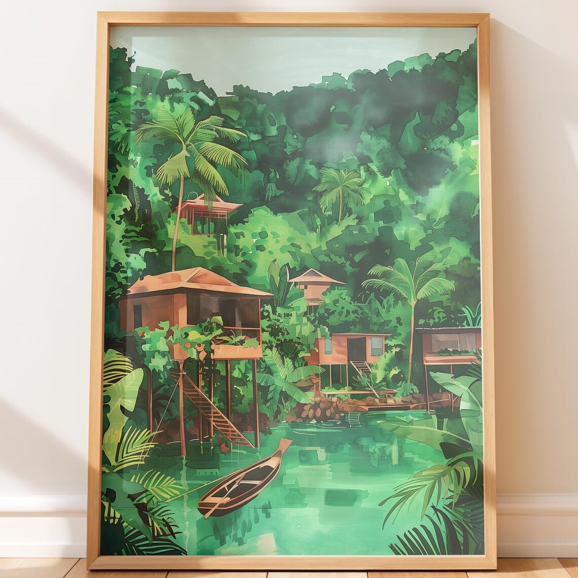 Jungle Stilt Huts Canoe Green Lagoon Tropical Watercolor Poster
