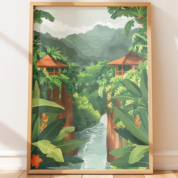 Costa Rica Rainforest Waterfall Print Tropical Nature Wall Art