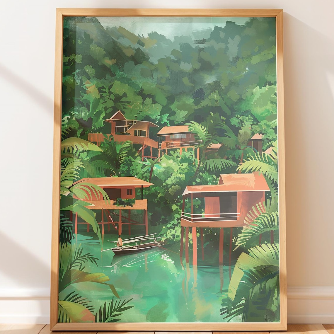 Tropical Stilt Village Green Water Boat Lush Jungle Scene Poster
