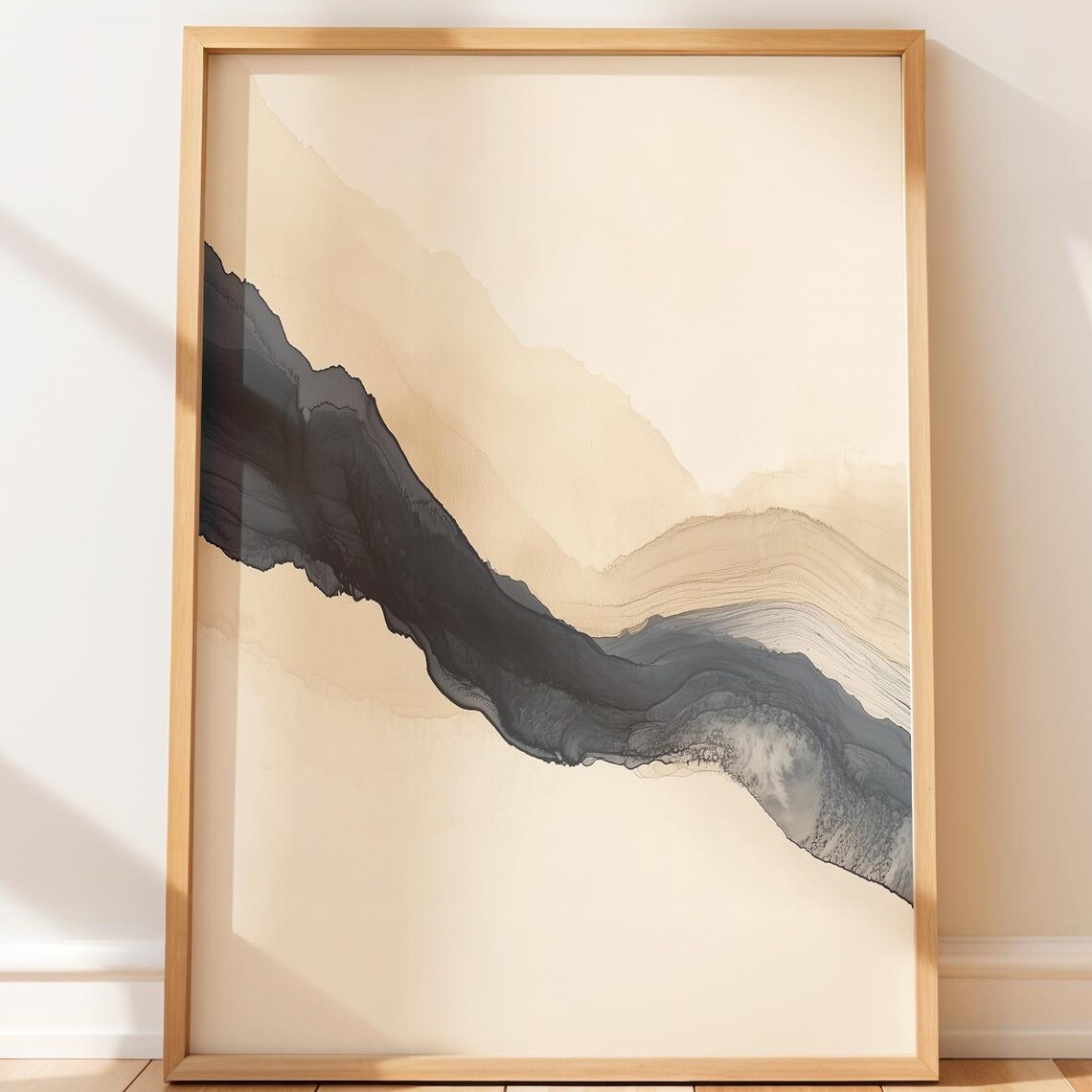 Abstract Black Ink River Poster On Beige Minimalist Watercolor Art