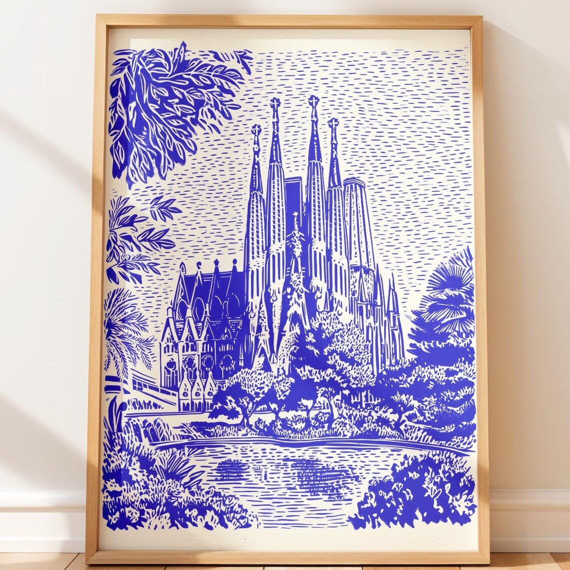 Sagrada Familia Barcelona Blue Line Art Gaudi Basilica Poster