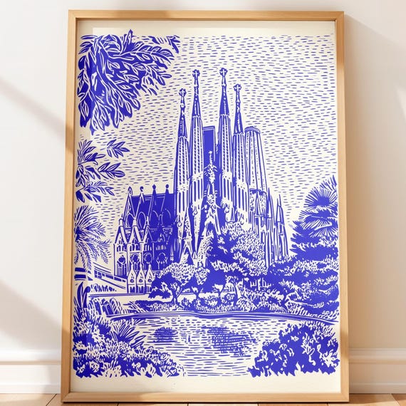 Vintage Sagrada Famlia Silhouette Wall Art Mediterranean Architecture Print Blue And White Decor