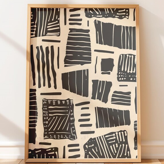 Mudcloth African Textile Motif Black Geometric Squares Print