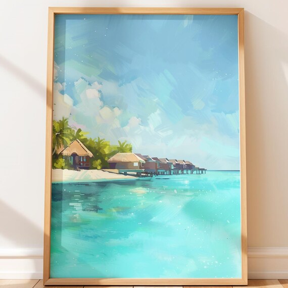 Maldives Overwater Villas Tropical Turquoise Sea Watercolor Poster