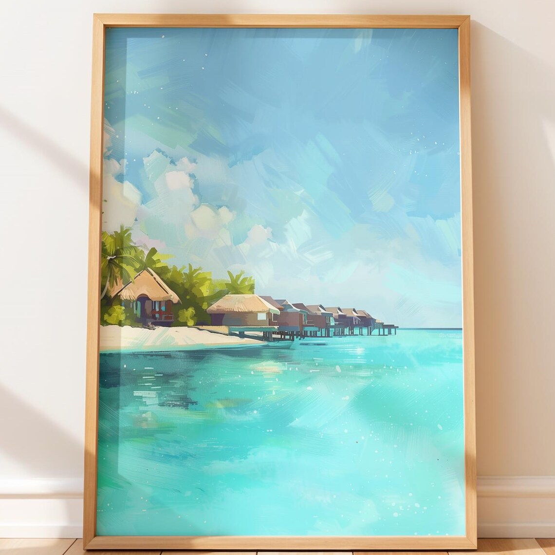 Maldives Overwater Villas Tropical Turquoise Sea Watercolor Poster