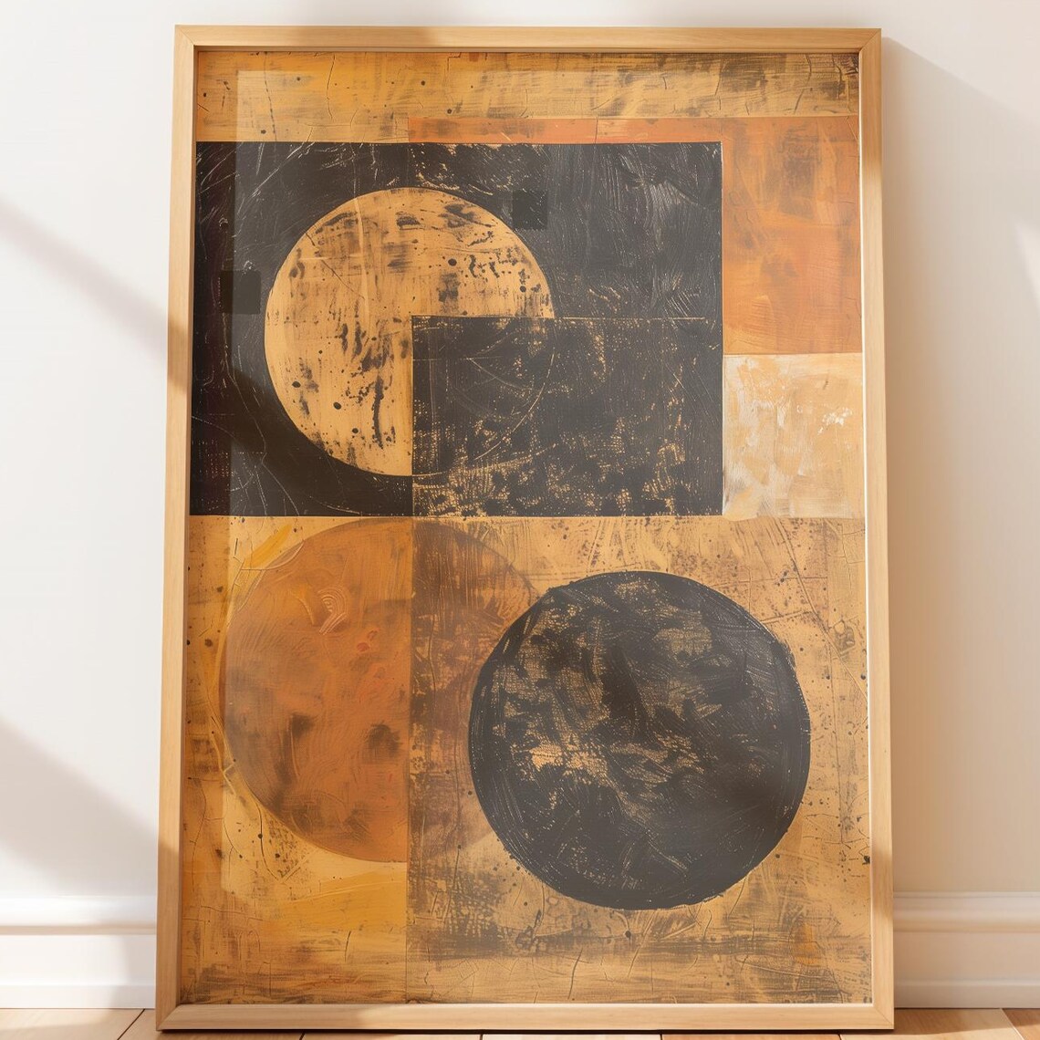 Midcentury Modern Geometric Abstract Art Rustic Block And Circle Design Warm Neutral Wall Decor