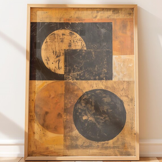 Midcentury Modern Geometric Abstract Art Rustic Block And Circle Design Warm Neutral Wall Decor
