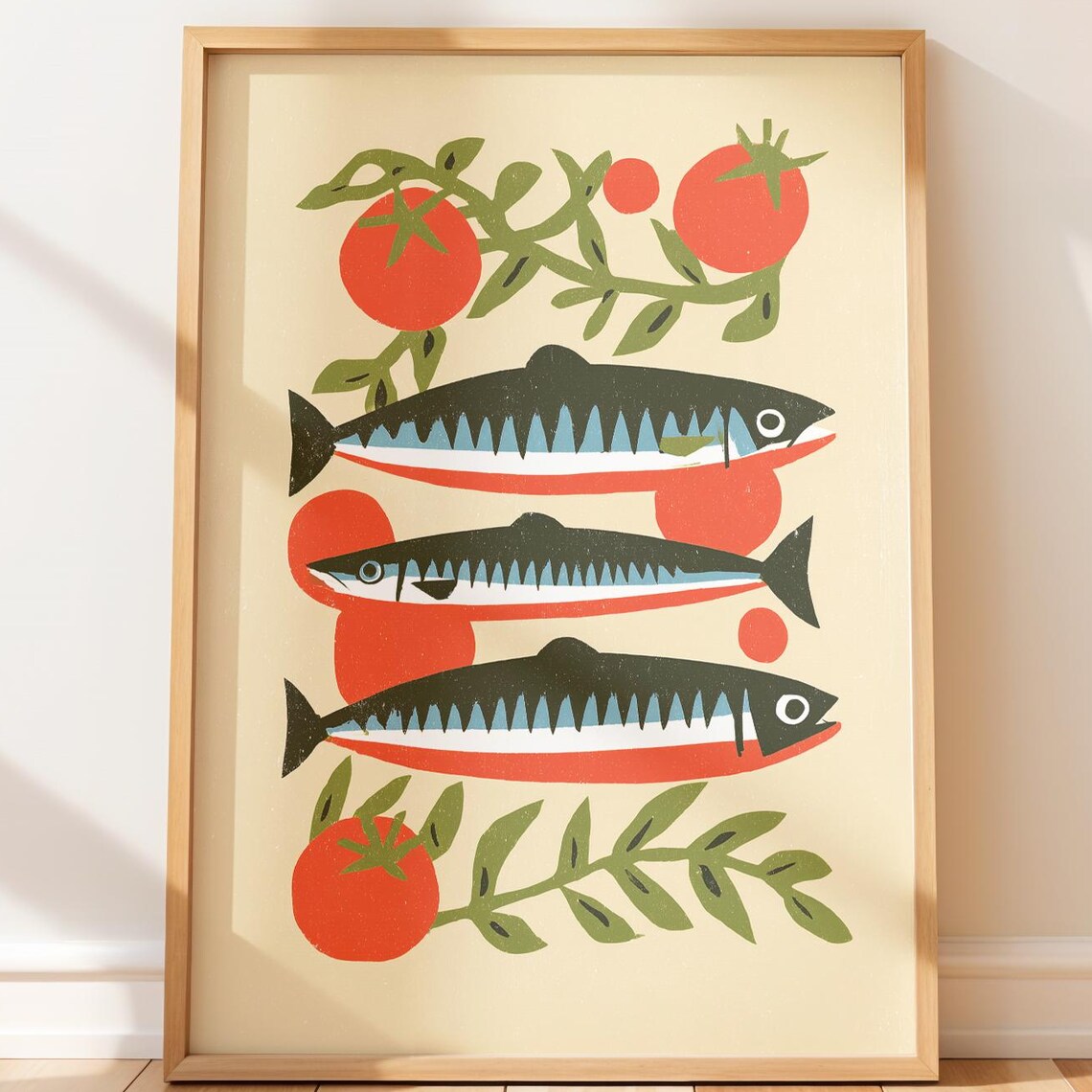 Sardine Fish Tomato Retro Mid Century Modern Kitchen Art Poster