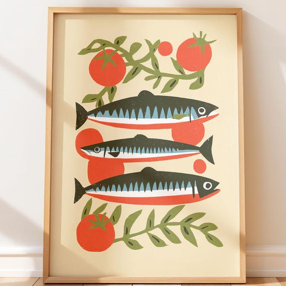 Minimalist Retro Fish Print Vintage Scandinavian Kitchen Art Midcentury Wall Decor Graphic Illustration