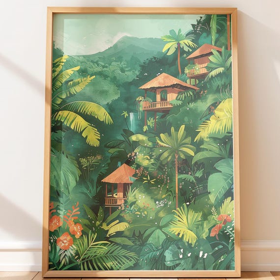 Tropical Costa Rica Village Print Cozy Vintage Travel Poster Lush Rainforest Art Serene Botanical Wall Decor