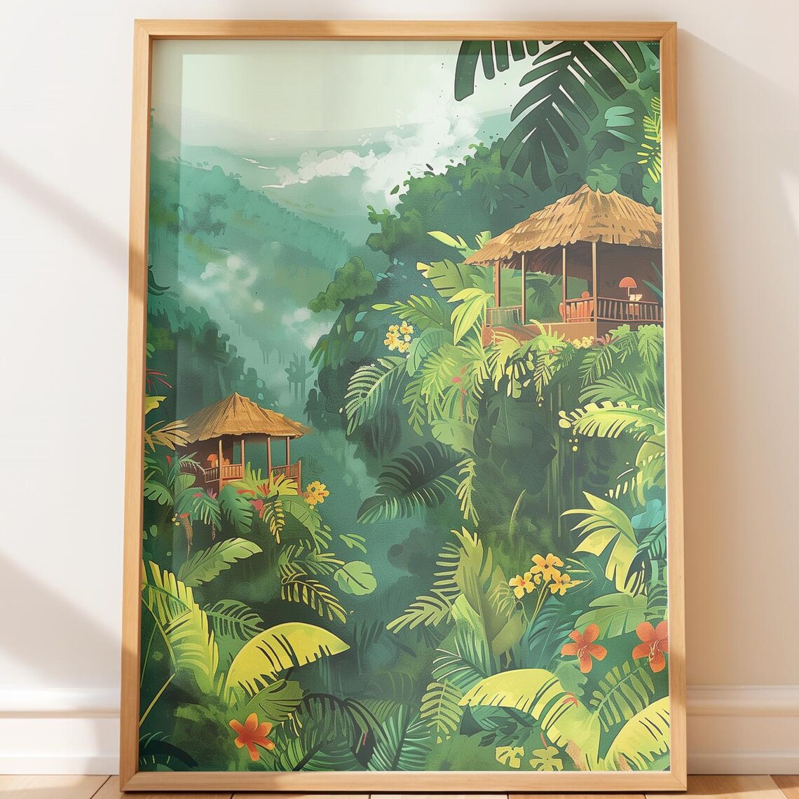 Thatched Jungle Treehouses Banana Leaves Lush Rainforest Poster