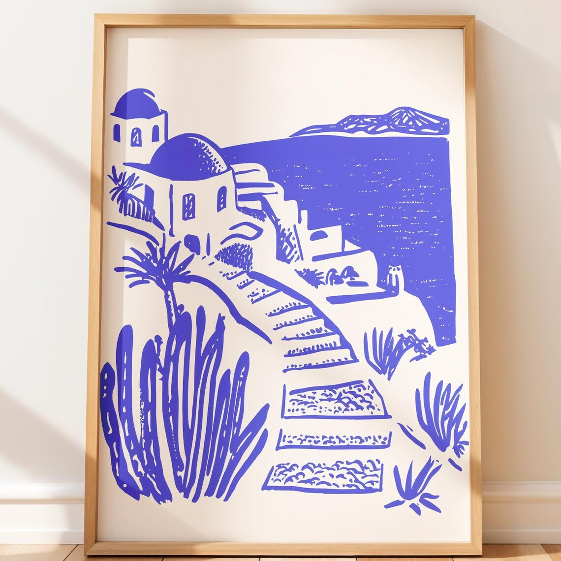 Santorini Blue Dome Churches Greek Island Coastal Line Art Poster