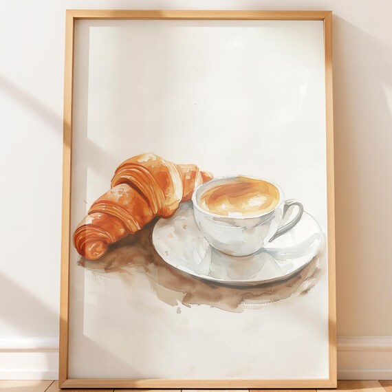 Croissant and Coffee Watercolor Breakfast Still Life Art Print