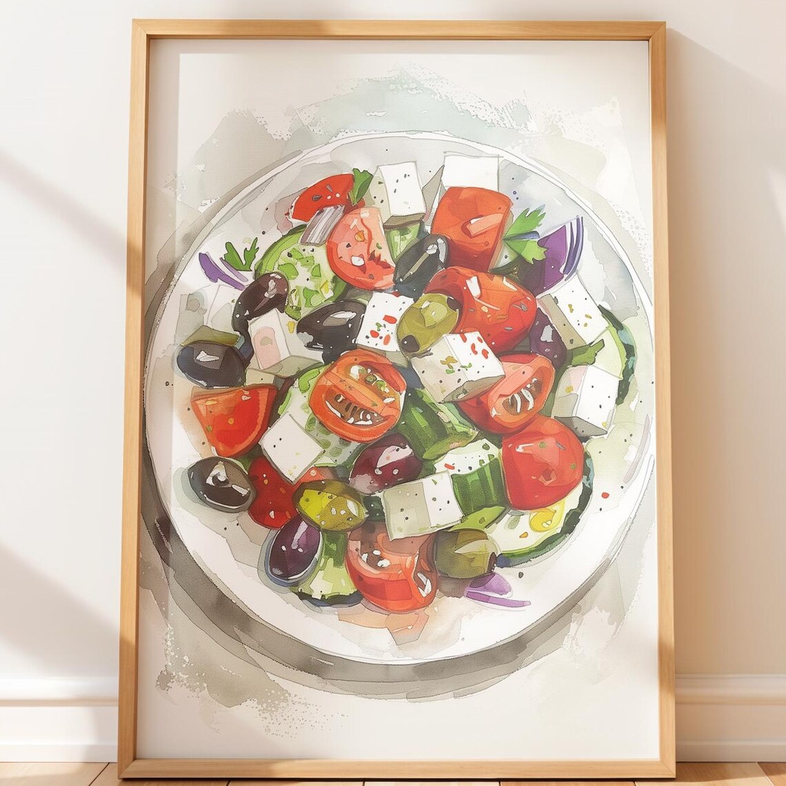 Greek Salad Watercolor Print Fresh Feta Olive Tomato Kitchen Art