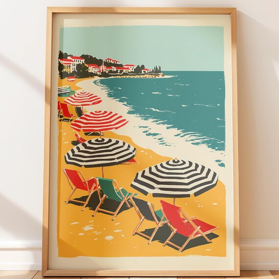 Retro Striped Beach Umbrellas Vintage Coastal Summer Scene Poster