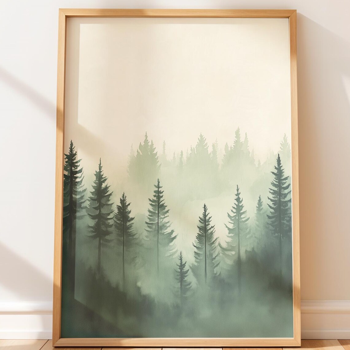 Misty Evergreen Forest Watercolor Sage Green Serene Wall Art