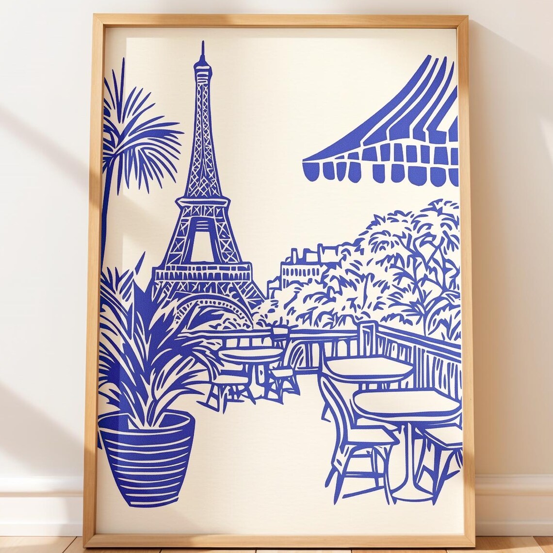 Paris Eiffel Tower Blue Line Art French Cafe Terrace Travel Poster