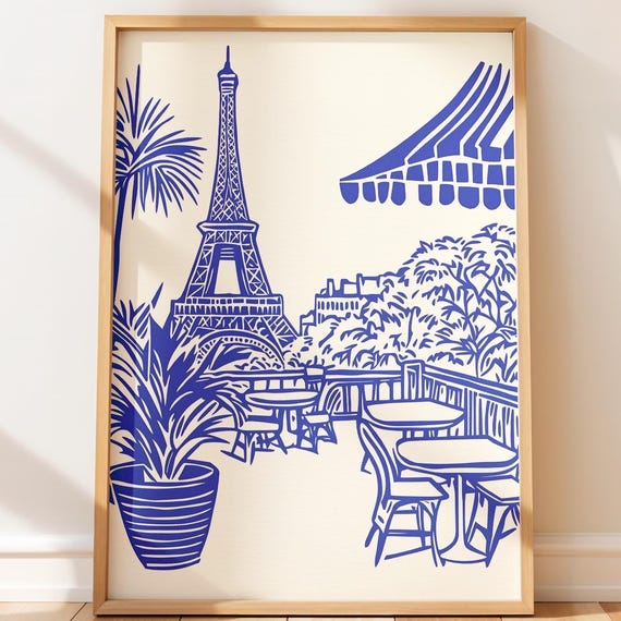 Paris Travel Poster Print Blue Eiffel Tower Art French Caf Terrace Illustration Minimalist City Wall Decor Modern Line