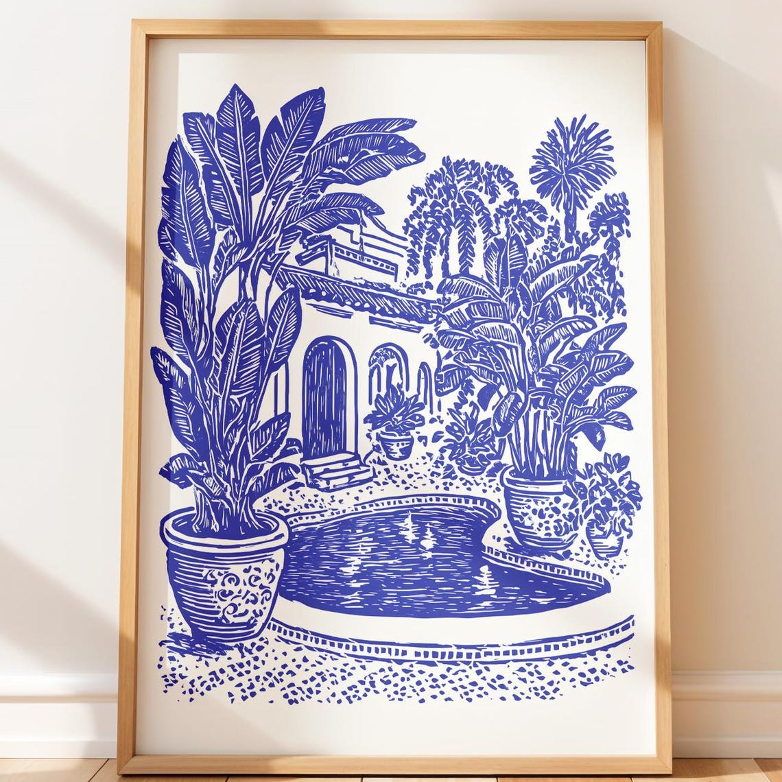 Blue Ink Tropical Courtyard With Pool and Potted Palms Poster