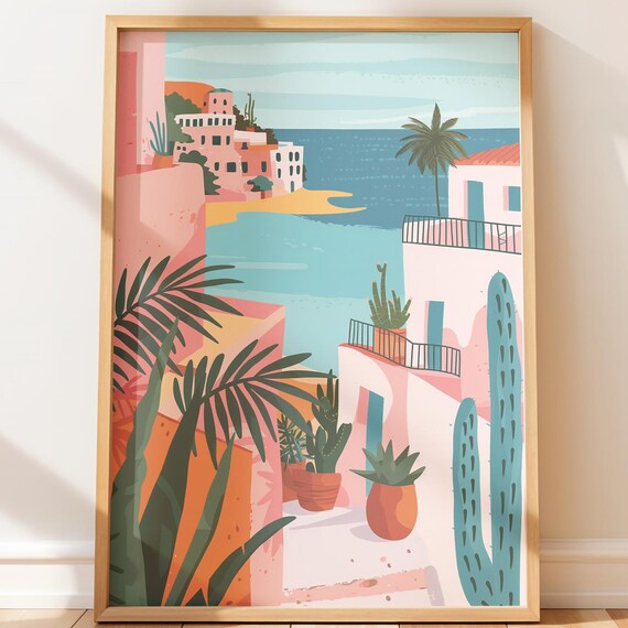 Pastel Mediterranean Seaside Village Cactus Garden Art Poster