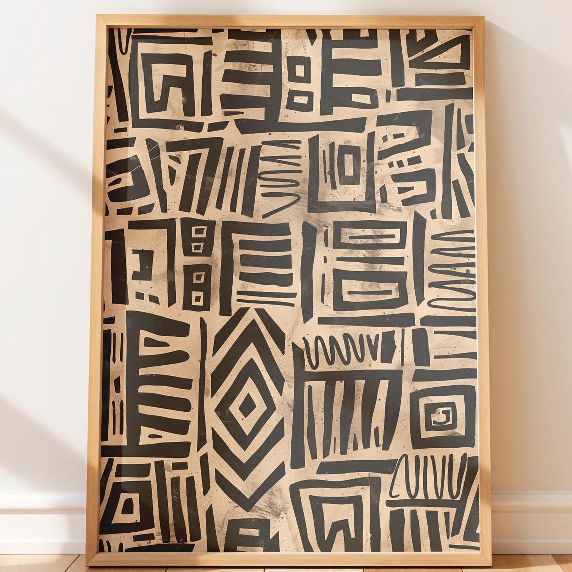Boho Geometric Pattern Rustic Black Beige Tribal Hand Painted Poster