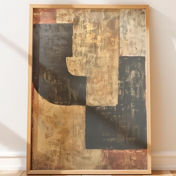 Rustic Charcoal Beige Geometric Abstract Textured Art Poster