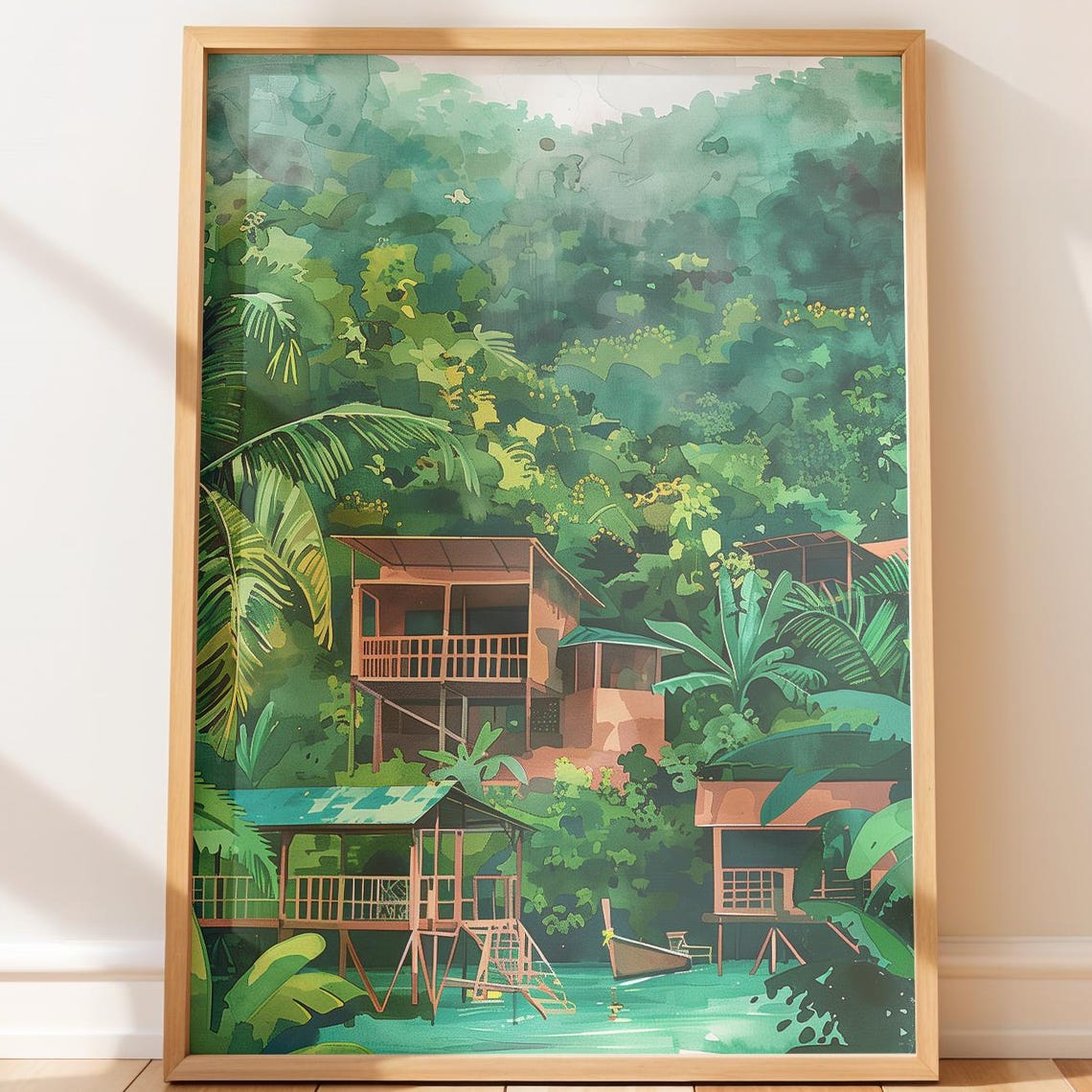 Thailandinspired Rustic Treehouse Print Tropical Jungle Scene Serene Landscape Art Painting