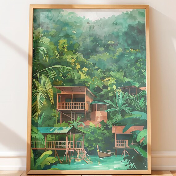 Jungle Treehouse Stilt Cabins Teal Water Tropical Escape Poster