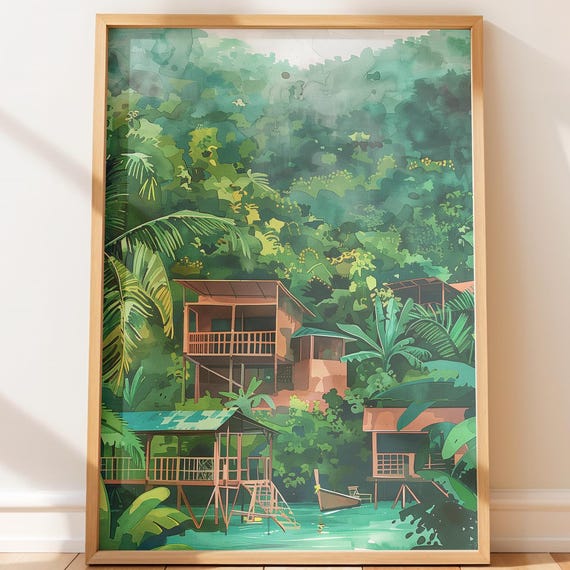 Thailandinspired Rustic Treehouse Print Tropical Jungle Scene Serene Landscape Art Painting