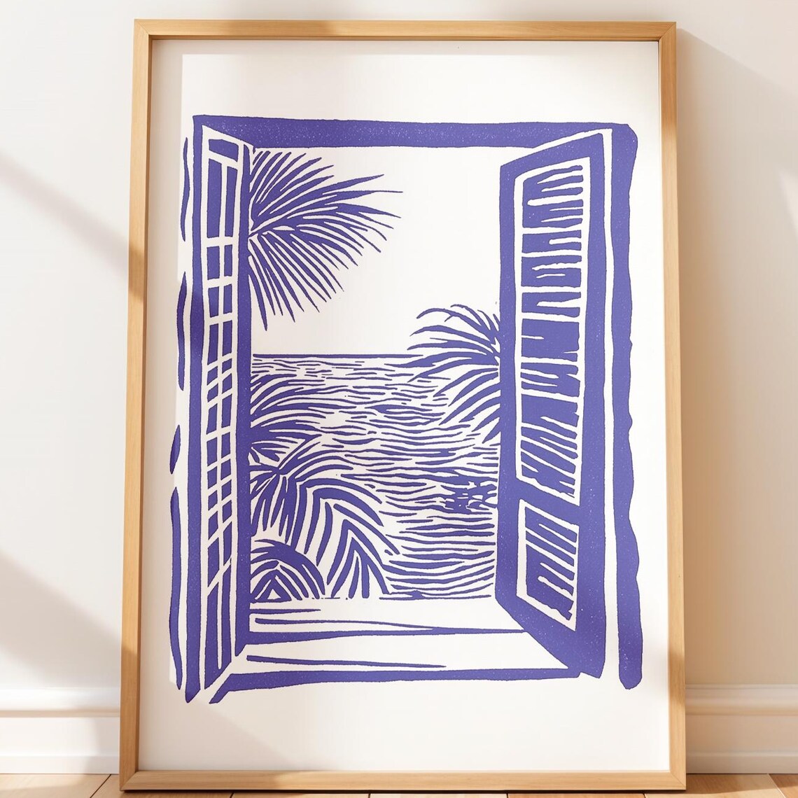 Blue Shutters Open Ocean View Palms Linocut Coastal Art Poster
