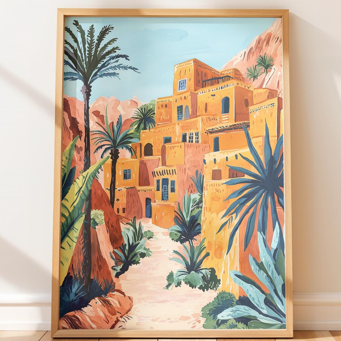 Moroccan Desert Kasbah Village Palm Trees Ochre Walls Art Poster