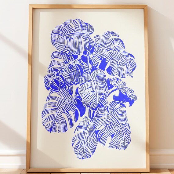 Blue Monstera Leaves Linocut Bold Botanical Tropical Art Poster