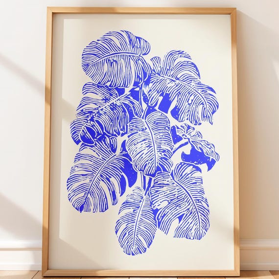 Tropical Monstera And Banana Leaves Art Modern Botanical Wall Decor Minimalist Cobalt Blue Print Linocut Boho Minimal