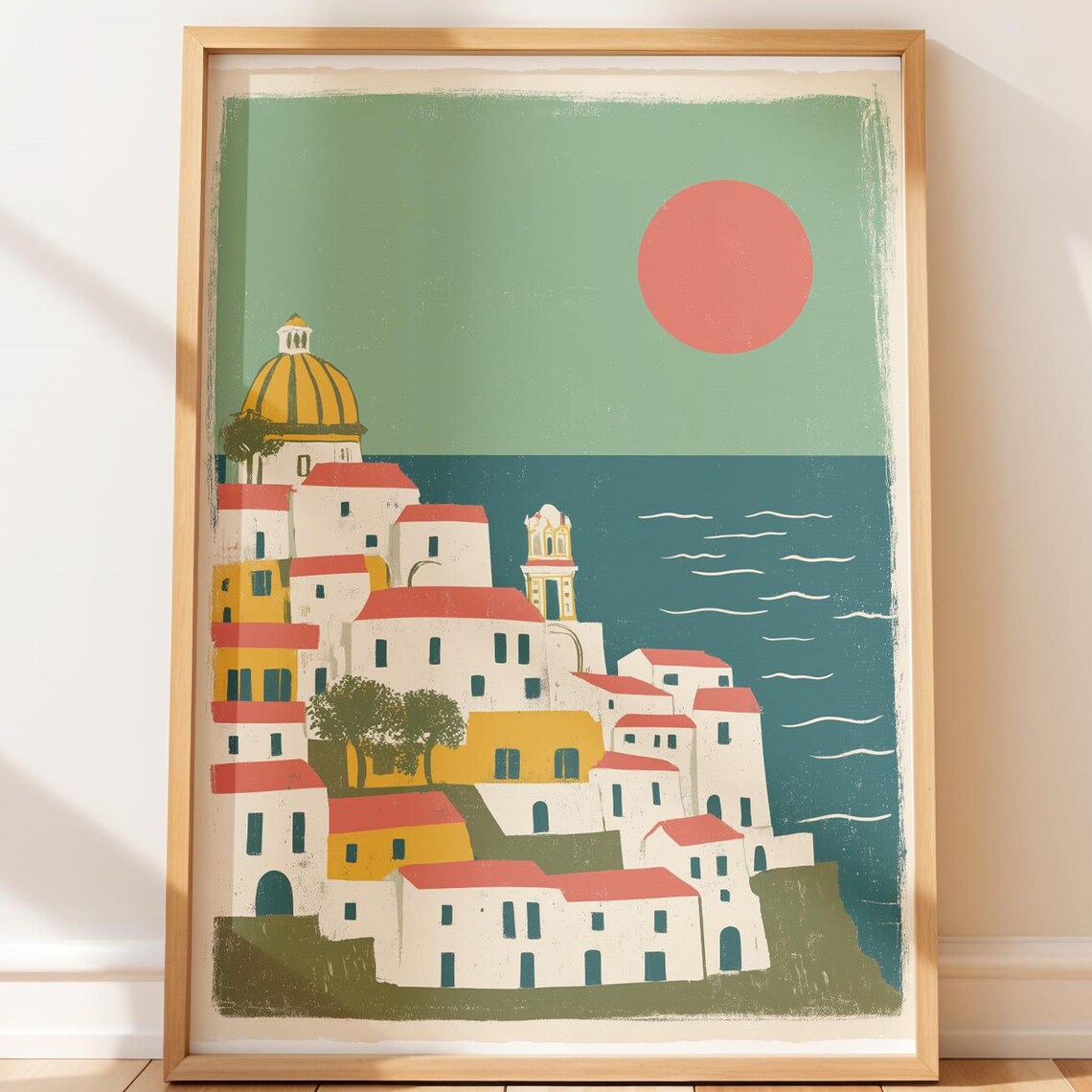 Retro Mediterranean Village Travel Poster With Red Roofs Pink Sun