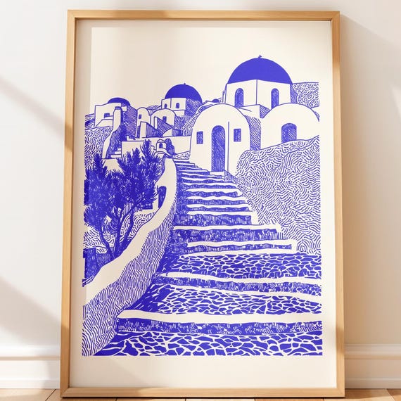 Blue Santorini Print Mediterranean Stairs Illustration Coastal Wall Art