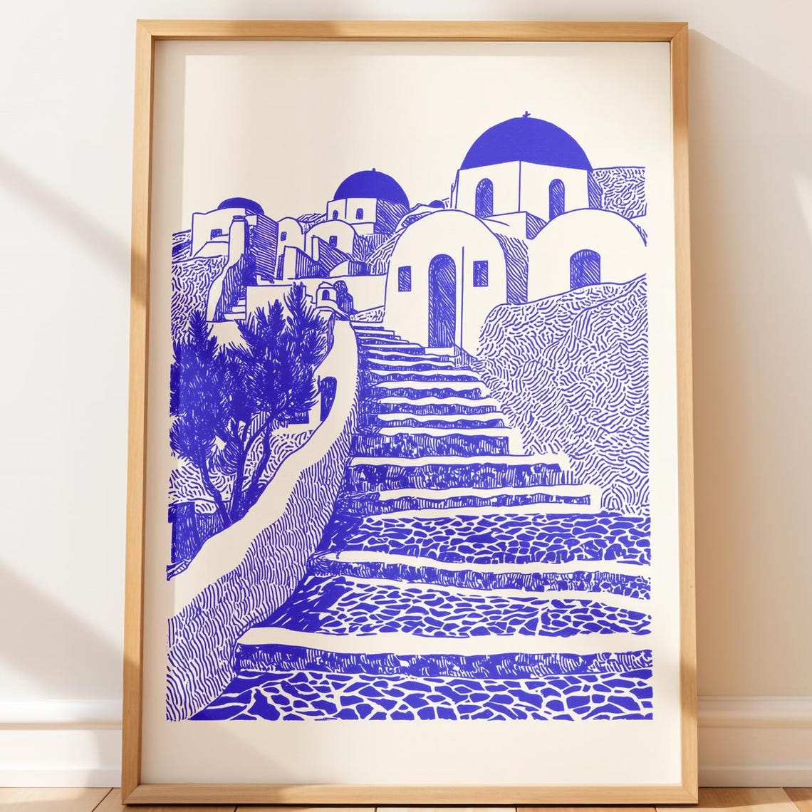 Santorini Blue Domed Churches Stairs Mediterranean Line Art Poster