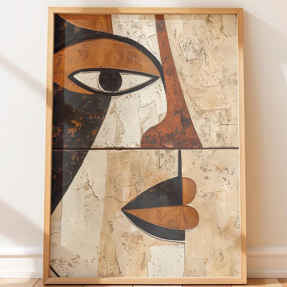 Abstract African Face Art Print Modern Tribal Geometric Wall Decor Midcentury Neutral Palette