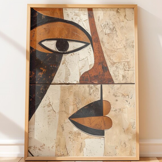 Bold Cubist Abstract Face Eye Motif Earthy Modern Art Poster