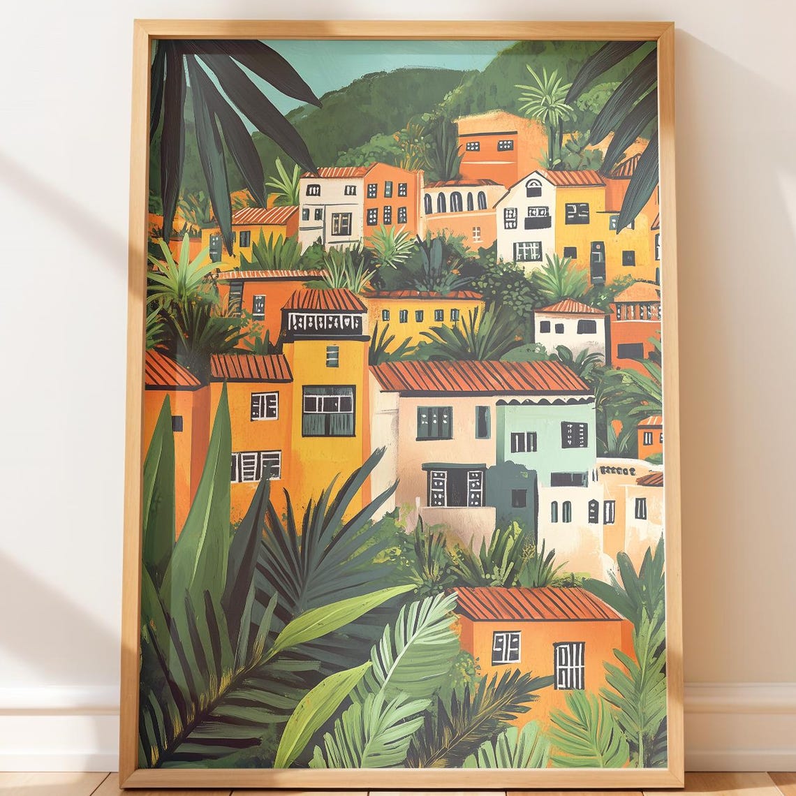 Tropical Hillside Village Orange Rooftops Palm Fronds Art Poster