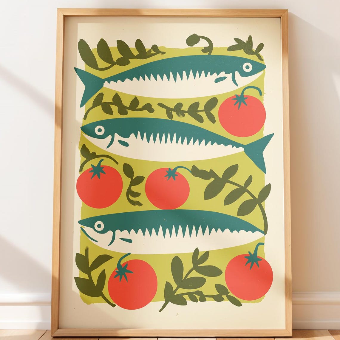 Folk Art Fish and Tomatoes Colorful Kitchen Illustration Poster