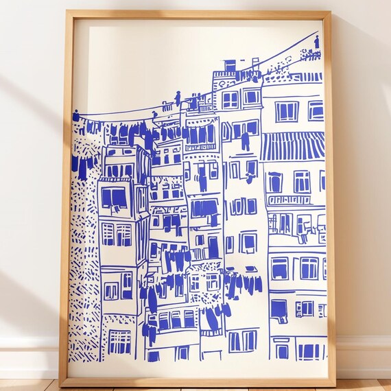Cozy Urban Charm Art Monochrome Blue Handdrawn Apartment Scene Laundry On Clotheslines Linocut Print Boho Minimal