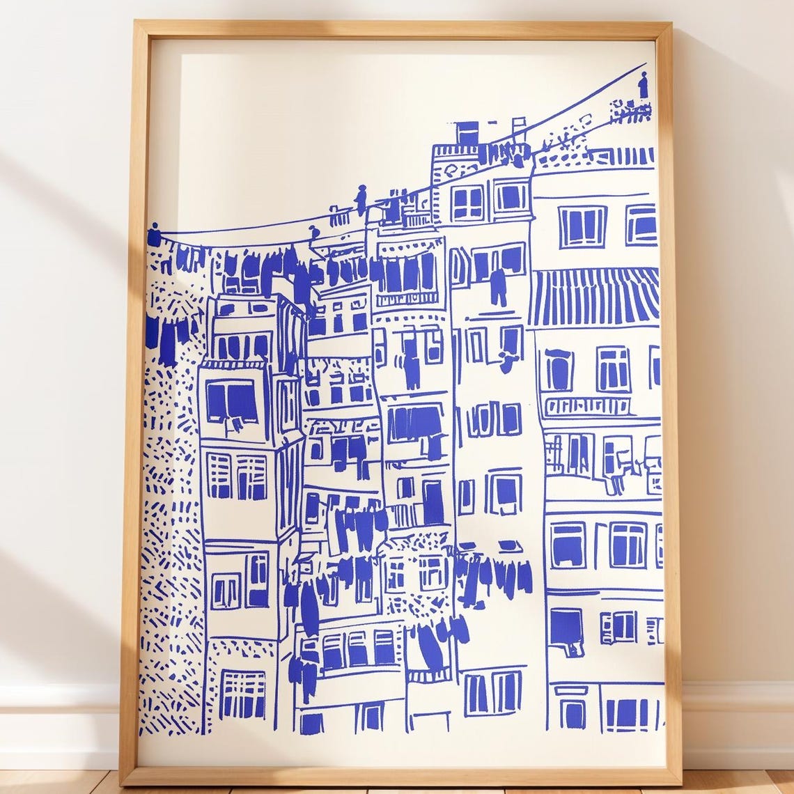 Blue Line Art Dense Apartment Blocks With Hanging Laundry Poster