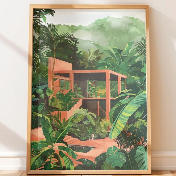 Lush Tropical Treehouse Painting Cozy Botanical Wall Art Moody Jungle Decor Travel Gift For Home