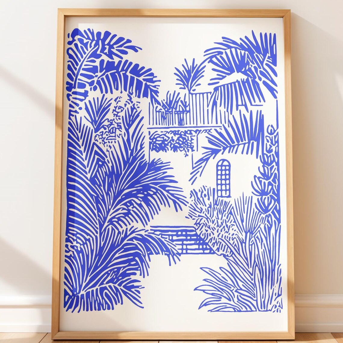 Blue Ink Tropical Villa Palm Trees Botanical Linocut Art Poster