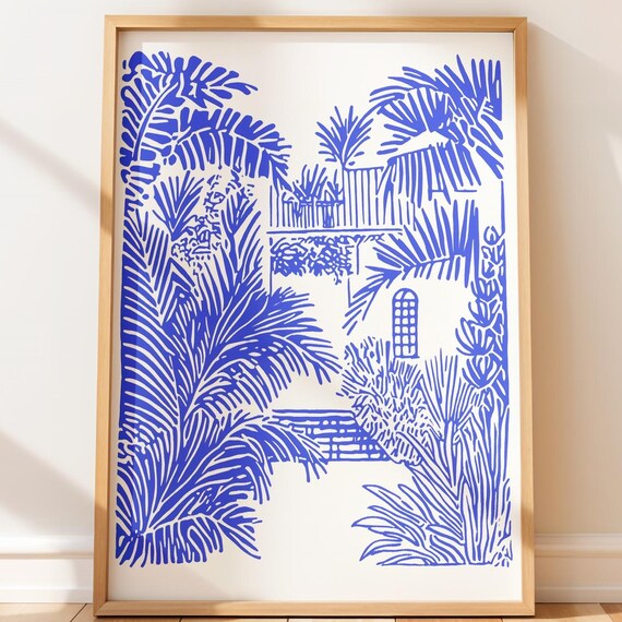 Blue Ink Tropical Villa Palm Trees Botanical Linocut Art Poster